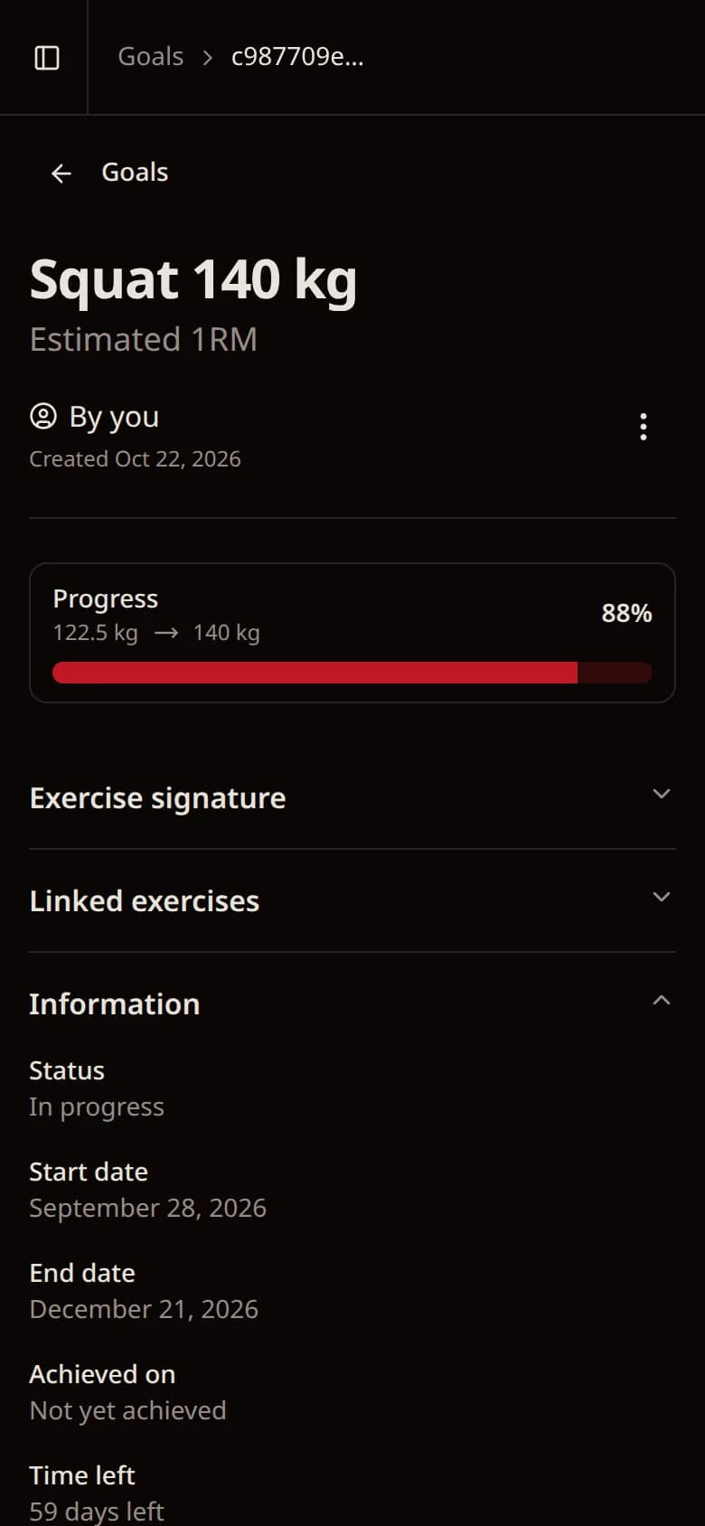 Goal screen in Eskeno: squat 140 kg, estimated 1RM at 122.5 kg, 88% of the target, 59 days left.