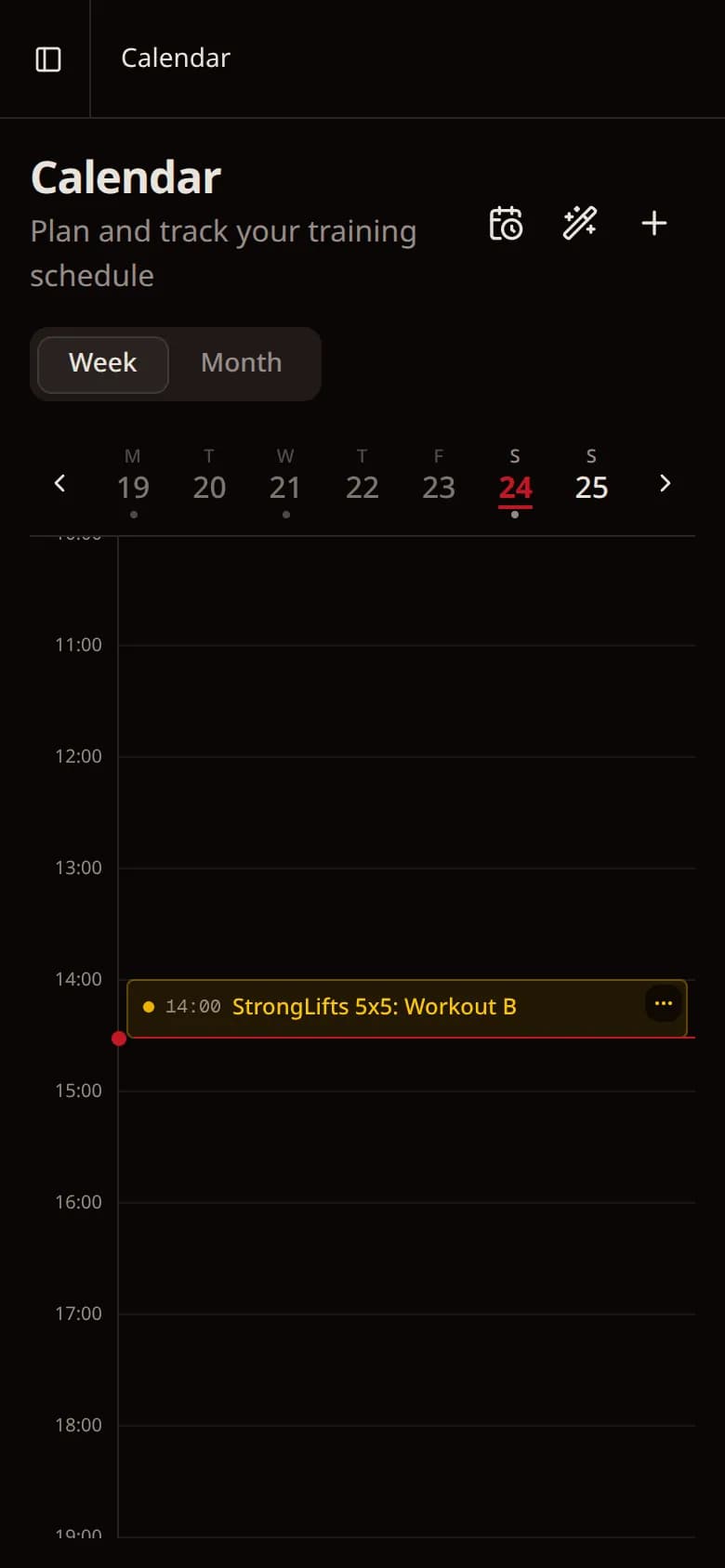 Weekly calendar in Eskeno: StrongLifts 5x5 sessions done on Monday and Wednesday, Workout B scheduled today at 14:00.