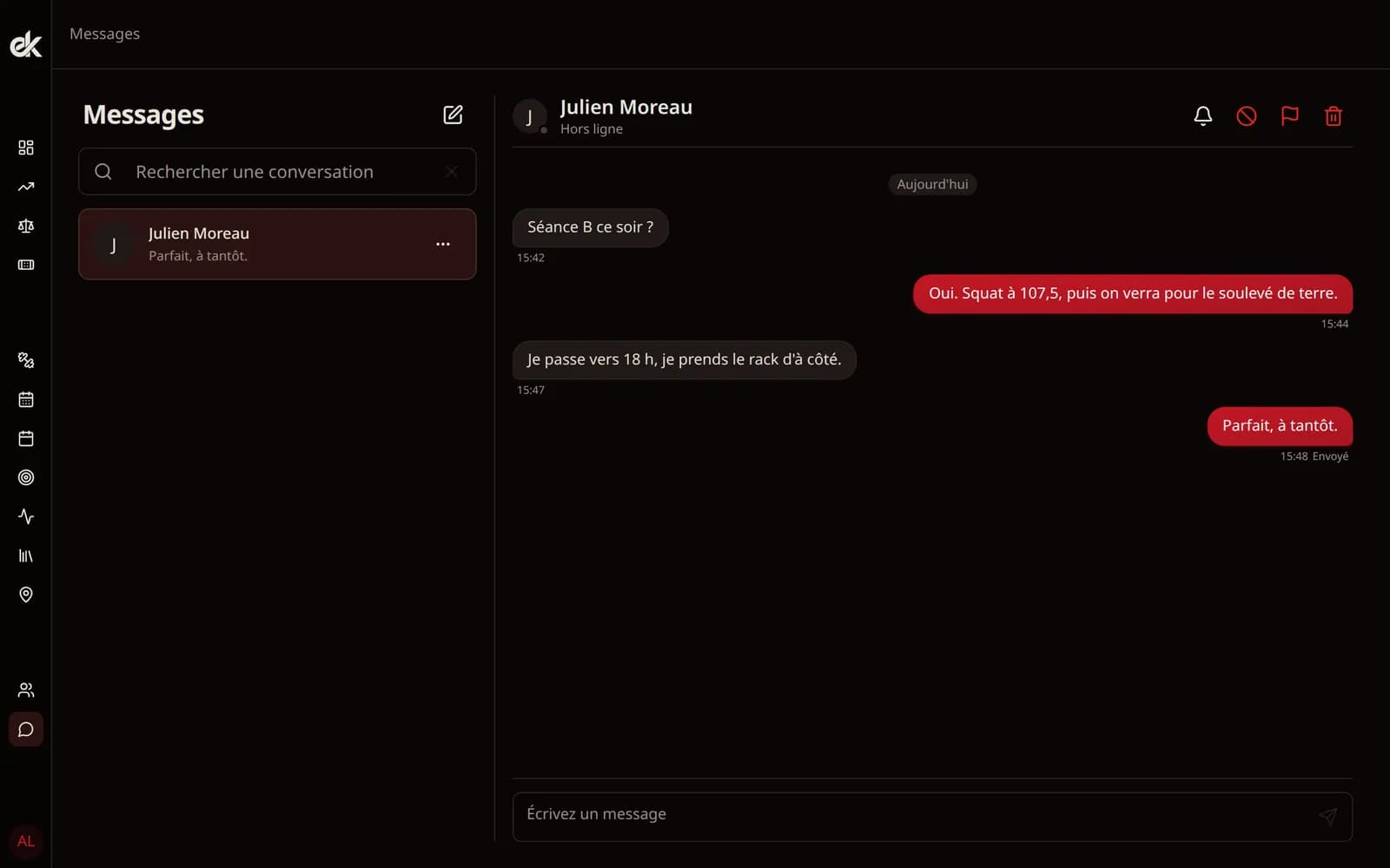Écran de messagerie dans Eskeno : conversation avec Julien Moreau qui propose de faire la séance B ensemble ce soir.