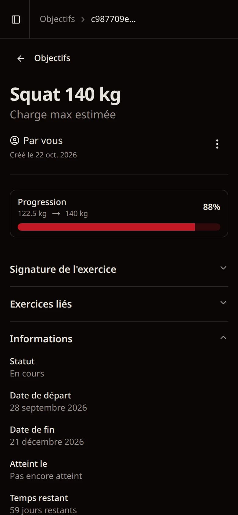 Écran d'objectif dans Eskeno : squat 140 kg, charge max estimée à 122,5 kg, 88 % de la cible, 59 jours restants.
