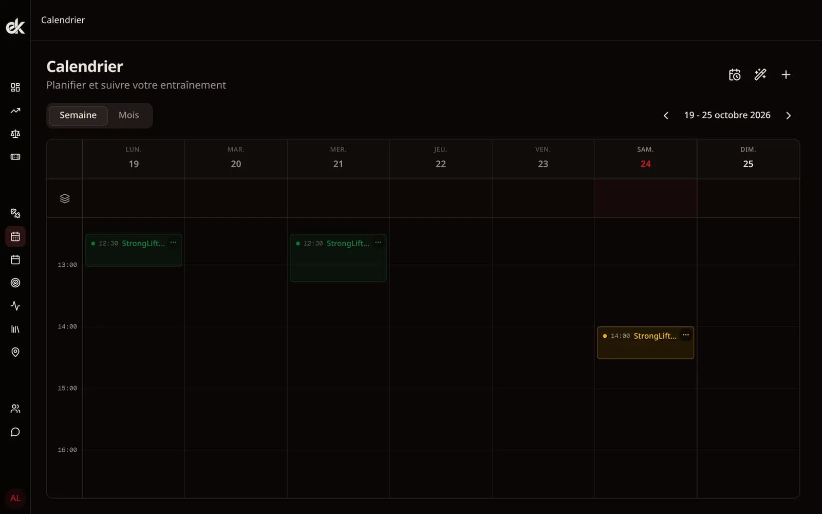 Calendrier de la semaine dans Eskeno : séances StrongLifts 5x5 faites lundi et mercredi, séance B prévue aujourd'hui à 14:00.