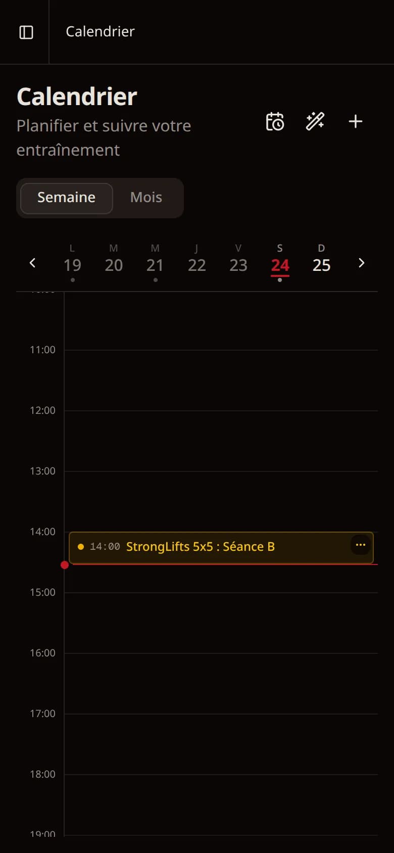 Calendrier de la semaine dans Eskeno : séances StrongLifts 5x5 faites lundi et mercredi, séance B prévue aujourd'hui à 14:00.